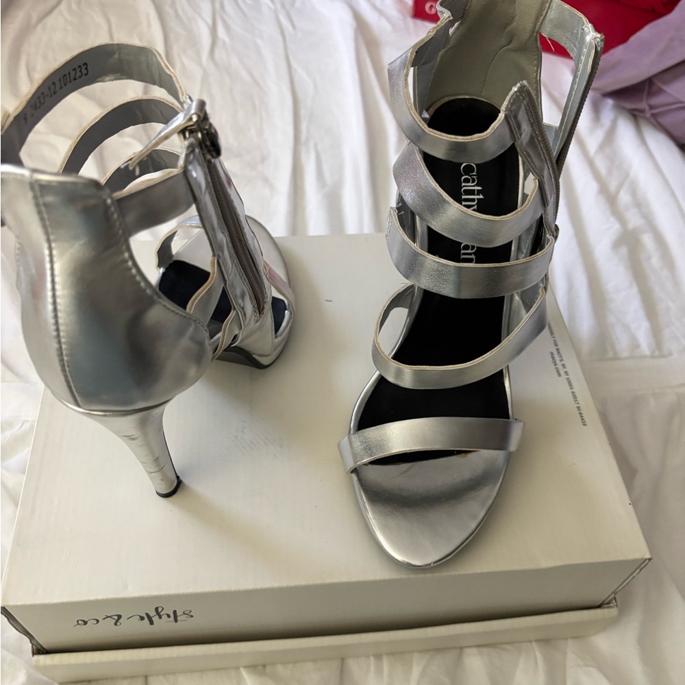 Cathy Jean Silver Stiletto Heels Strappy Design